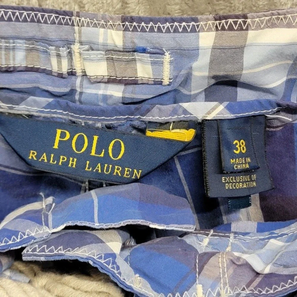 Polo Ralph Lauren Board Shorts Swim Trunks Size 38 Plaid Blue White /Orange Pony